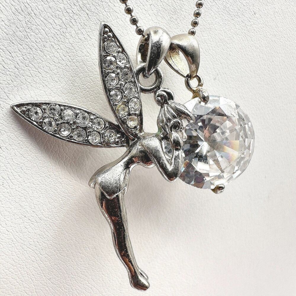 Vintage Y2K Fairy Pendant Necklace Silver Tone Crystal Rhinestone Tinkerbell